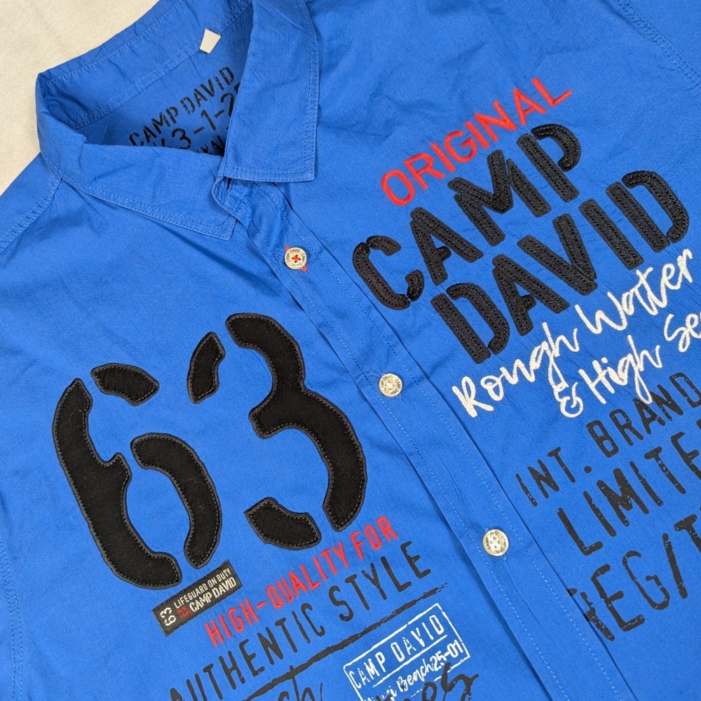 Camp David Mens Blue Short Sleeve Graphic Button Down‎ Shirt XXL